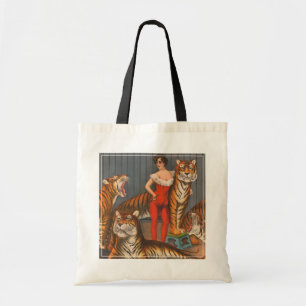 circus Poster van vrouw met zes tijgers. Tote Bag