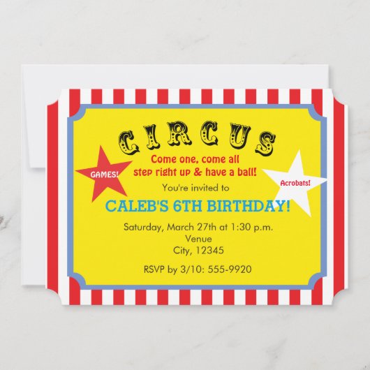 Circus Striped Verjaardagsfeest Uitnodiging (Voorkant)