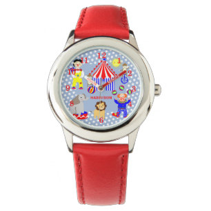 Circus Tent Cartoon Clowns & Animals Gepersonalise Horloge