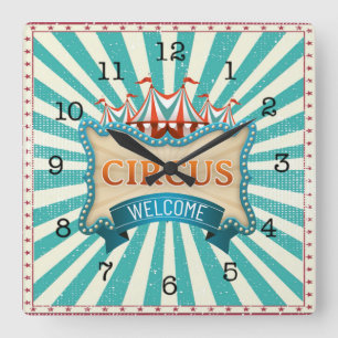 Circus Theme Blauwgroen Red Tent Vierkante Klok