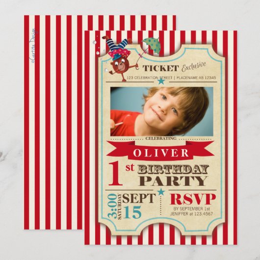 Circus Ticket 1e verjaardag | Uitnodiging Feestje (Voorkant / Achterkant)