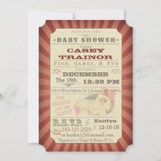  Circus Ticket Baby Girl Douche Uitnodiging (Voorkant)