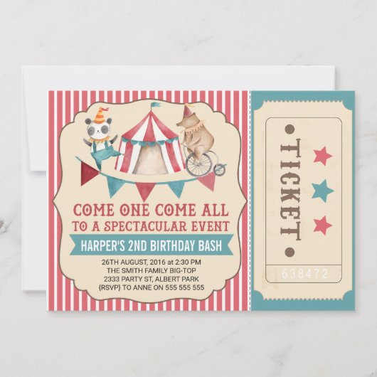 Circus Ticket Birthday Party Invitation Kaart (Voorkant)