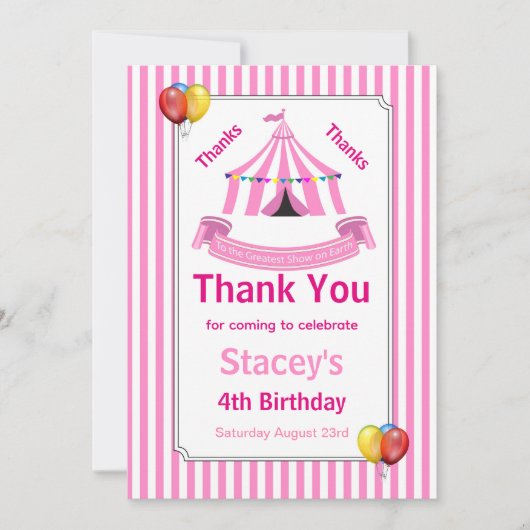 Circus Verjaardagsfeestje Roze Bedankkaart (Voorkant)