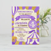 Circus verjaardagsuitnodiging Carnaval Paars Goud Kaart (Staand voorkant)