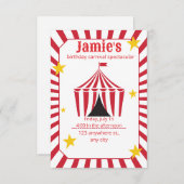 Circus verjaardagsuitnodiging | Rode kermis tent Kaart (Voorkant / Achterkant)