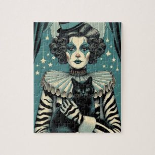 Circusclownvrouw en een zwarte kat legpuzzel