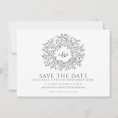 Cirkel van bladeren grijs wit foto bruiloft save the date (Voorkant)
