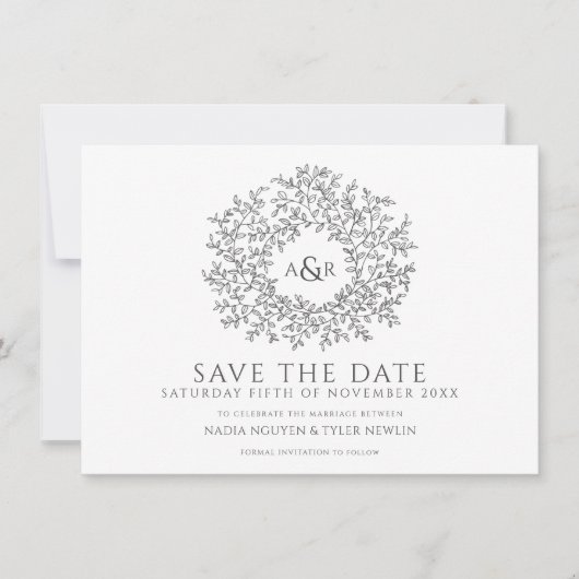 Cirkel van bladeren grijs wit foto bruiloft save the date (Voorkant)