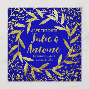 Cirkel van bladeren met een goudglitter kobalt save the date