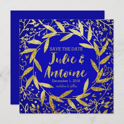 Cirkel van bladeren met een goudglitter | kobalt save the date (Voorkant / Achterkant)