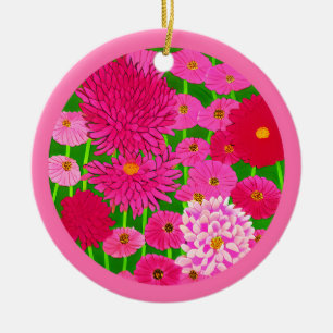 Cirkel van bloemen, Fuchsia Pink Chrysanthemums Keramisch Ornament