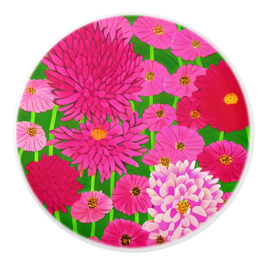 Cirkel van bloemen, Fuchsia Pink Chrysanthemums Keramische Knop (Voorkant)