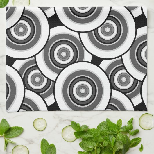 Cirkels en ringen geometrisch zwart-wit patroon theedoek (Gevouwen)