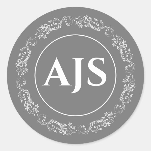 Cirkelvormig monogram in grijs en wit. ronde sticker (Voorkant)