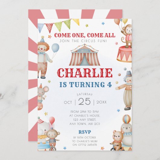 Cirque Anniversaire Fête Invitation Carnaval Thème (Devant / Derrière)