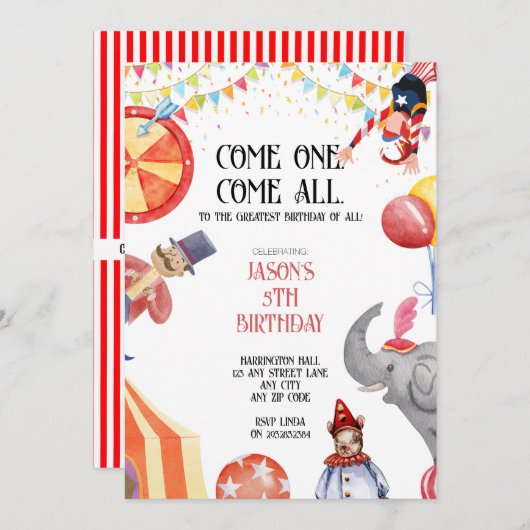 Cirque/Carnaval Thème Enfants Invitations (Devant / Derrière)