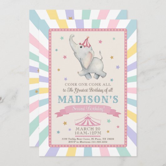 Cirque Elephant Anniversaire Fête Invitation (Devant / Derrière)