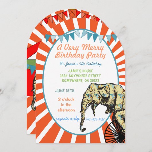 Cirque Elephant Anniversaire Fête Invitation Bunit (Devant / Derrière)