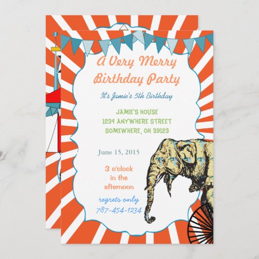 Cirque Elephant Anniversaire Fête Invitation Bunit (Devant / Derrière)