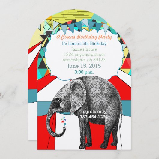 Cirque Elephant Anniversaire Fête Invitation Bunit (Devant / Derrière)