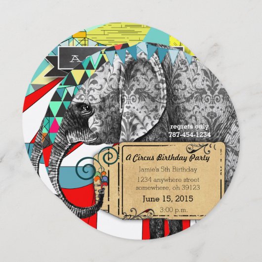 Cirque Elephant Anniversaire Fête Invitation Bunit (Devant / Derrière)