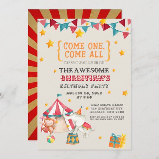 Cirque Thème Anniversaire Fête Invitation (Devant / Derrière)