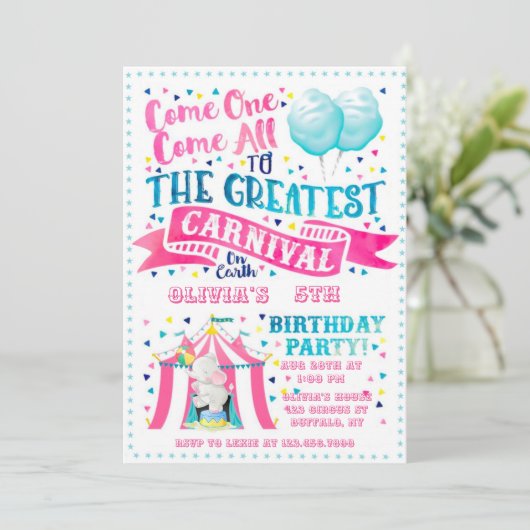 Cirque Thème Fille Anniversaire Fête Invitation (Debout devant)