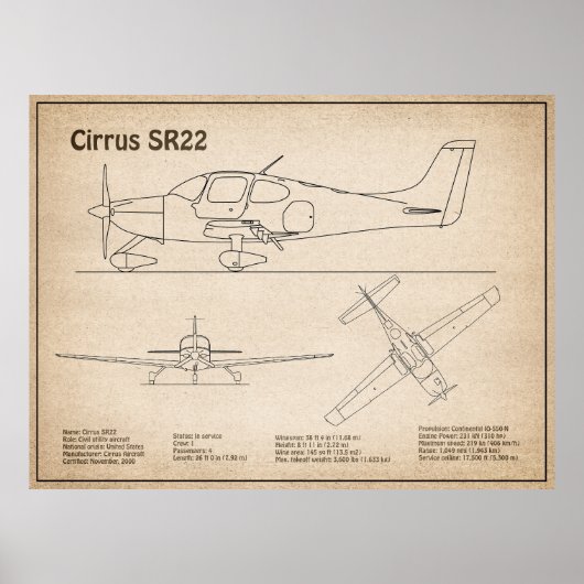 Cirrus SR22 - Vliegtuig Blauwdruk Tekenplannen SD Poster (Voorkant)