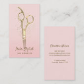 ciseaux dorés sur carte de visite rose (Devant / Derrière)