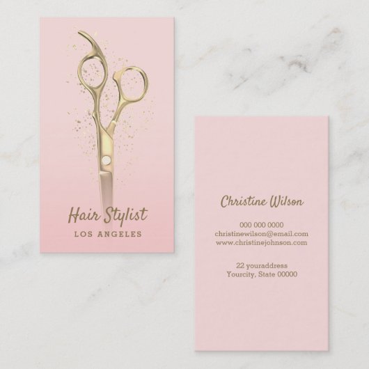 ciseaux dorés sur carte de visite rose (Devant / Derrière)