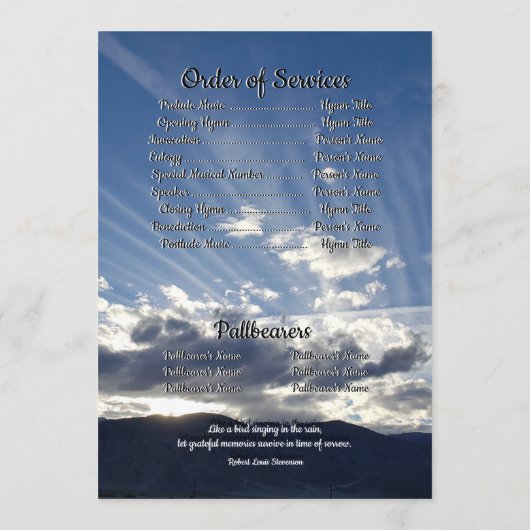 Citaat Foto Sunset met Cloud Lines Funeral Programma (Achterkant)
