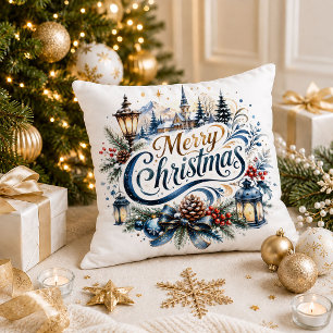 Citation de nom de Noël Oreiller décoratif bleu or