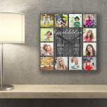 Citation des petits enfants 12 Photo Grey Wood<br><div class="desc">Horloge photo pour grands-parents avec 12 de vos photos préférées. Créez votre propre collage photo de style grille et ajoutez les noms des petits-enfants (2 à 8 noms semble mieux). Le texte dit : "Petits-enfants remplissez une place dans votre coeur que vous ne saviez pas vide" à la main lettrée...</div>