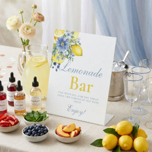 Citroen Blauwe Bloemige Citroen Limonade Bar Bord Reclamebord Met Voetstuk
