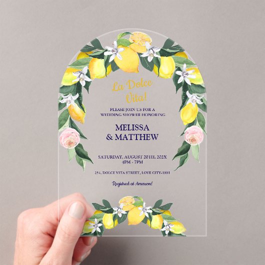 Citroen Blauwe Italiaanse Tegels Koppel Bruidsdouc Acryl Uitnodigingen (Insitu (Draagbaar))