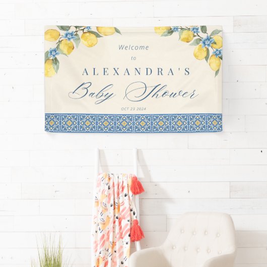 Citroen Blauwe Tegels Italiaanse Baby Shower Vlagg Spandoek (Insitu)