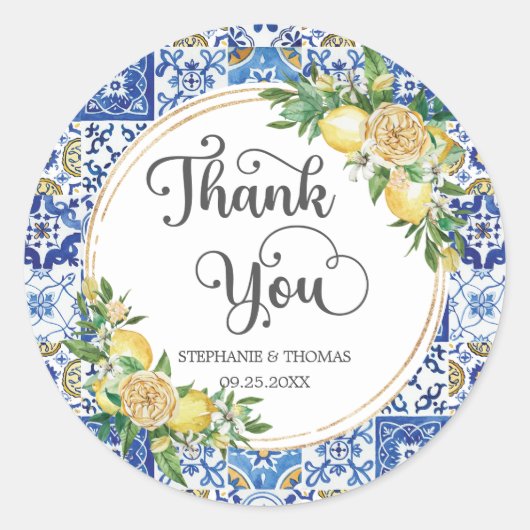Citroen Bloemen Mediterraans Mozaïek Tegels Bruilo Ronde Sticker (Voorkant)