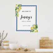 Citroen Botanisch Blauwe Tegels Bruidsuitnodiging Poster (Keuken)