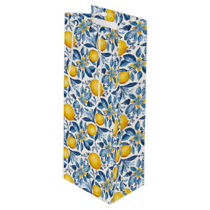 Citroen botanische blauwe en gele zomerprint wijn cadeautas