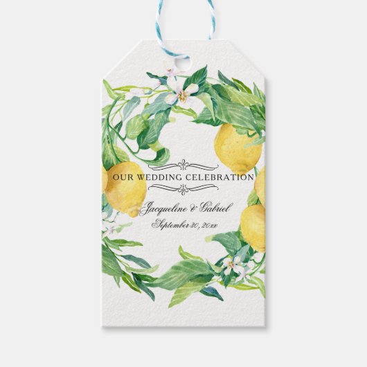 Citroen Citrus Bloemen Groen Blad Krans Bruiloft Cadeaulabel (Voorkant)