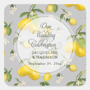 Citroen Citrus Bloemen Groen Geel In Grijs Bruilof Vierkante Sticker