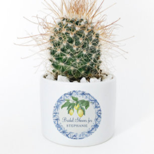 Citroen Citrus w Blad Blauw in Wit Patroon Ronde Sticker