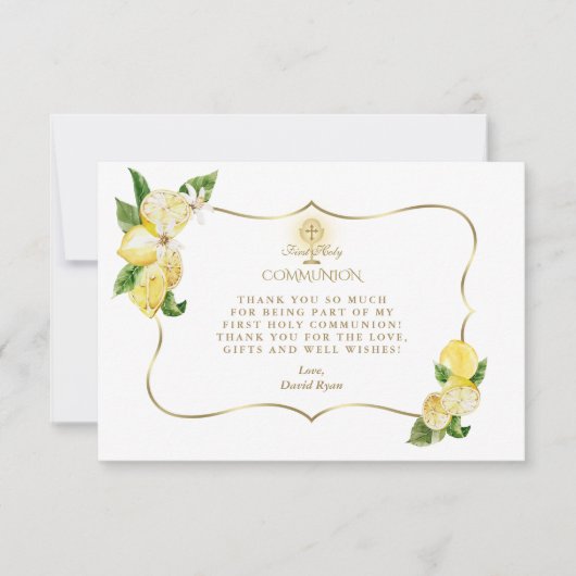 Citroen Fruit Bloemen Gouden Kruis Jongen Heilige Bedankkaart (Voorkant)