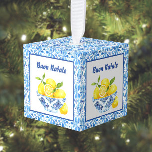 Citroen Mediterraan Buon Natale Azulejo Blauw Toil Kubus Ornament