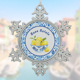 Citroen Mediterraan Buon Natale Azulejo Blauw Toil Tin Sneeuwvlok Ornament