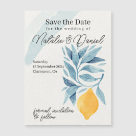 Citroen met blauwe bladeren botanische illustratie