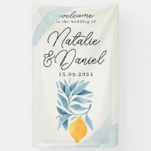 Citroen met blauwe bladeren botanische illustratie spandoek