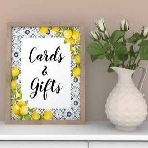 Citroen op blauwe tegels Kaarten en Cadeaus Bord Poster