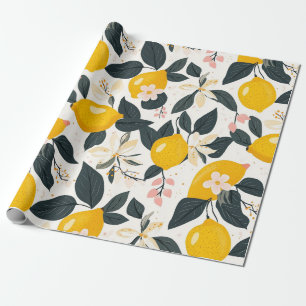 citroen & roze bloesempatroon cadeaupapier